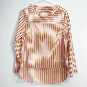 J Crew Striped Funnelneck Top in Cotton Poplin Womens Size 2 Pink Tan Hi Low